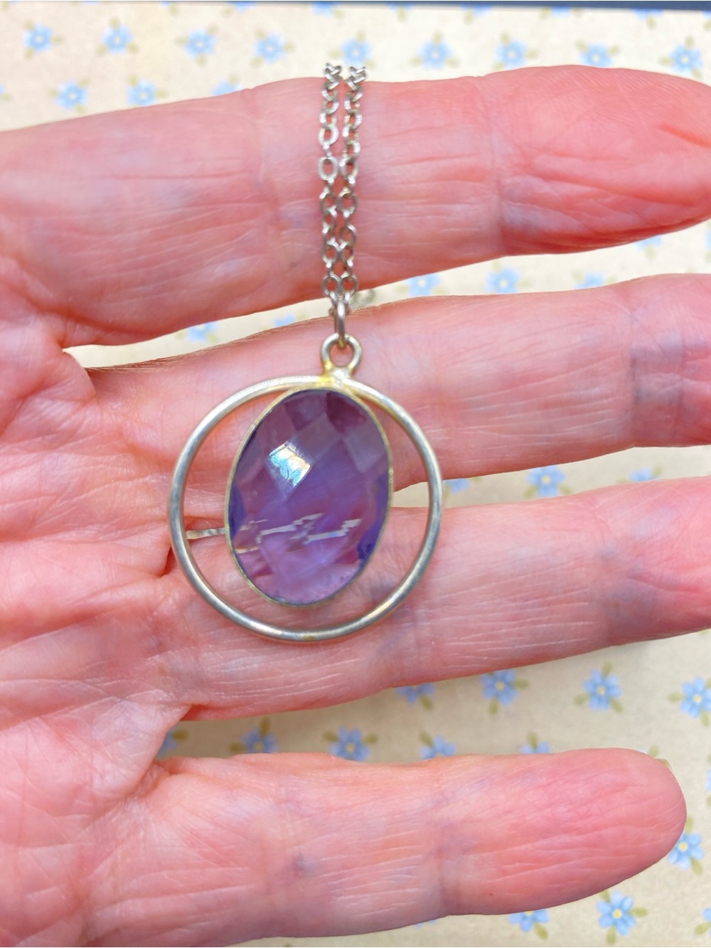 Faceted Violet Stone Silvertone Chain Pendant